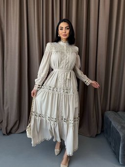 Gri Bej Uzun Dantel Detaylı Elbise