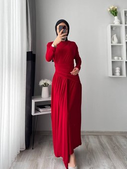 Kırmızı Likralı Drapeli Abiye Elbise