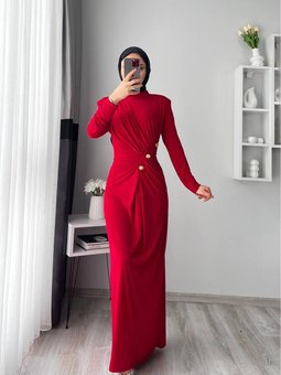 Kırmızı Sandy Kumaş Düğmeli X Nms046 Elbise