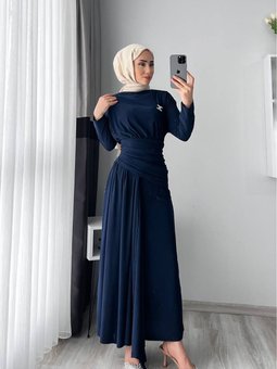 Lacivert Likralı Drapeli Elbise
