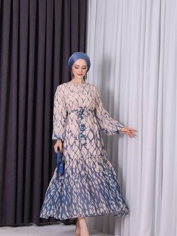 Mavi Şifon Eteği Fırfırlı Desenli Elbise