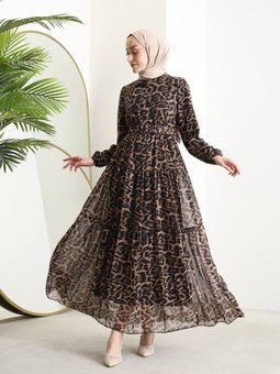 Siyah Kemerli Leopar Desenli Şifon Elbise