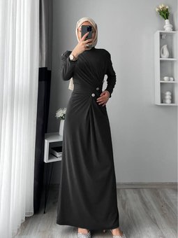 Siyah Sandy Kumaş Düğmeli Elbise