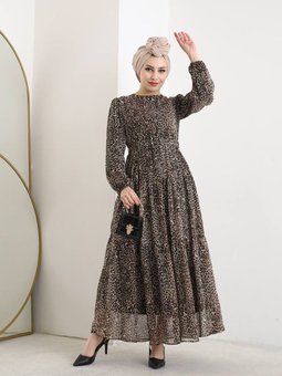 Siyah Şifon Desenli Bisiklet Yaka Elbise