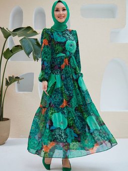 Yeşil Kemerli Şifon Elbise