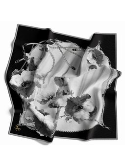 Çiçekli Desen Black Seri Twill Eşarp Askısı İle Birlikte 90x90 Cm Siyah Gri