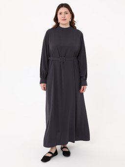 Antrasit Beli Kemerli Büyük Beden Abiye Elbise