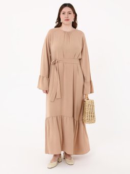 Bej Eteği Volanlı Beli Bağlamalı Büyük Beden Abiye Elbise