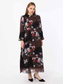 Büyük Beden Çiçek Desenli Şifon Siyah Elbise