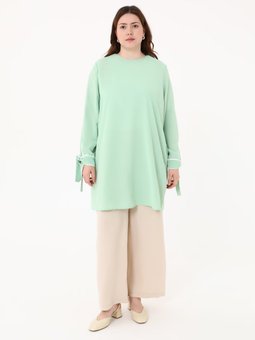 Büyük Beden Kol Ucu Detaylı Mint Yesili Tunik