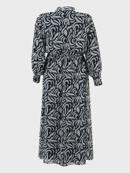 Fular Yaka Büyük Beden Geometrik Desenli Şifon Beyaz Elbise Lacivert