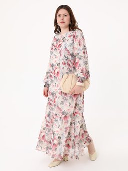 Kolağzı Gipe Detaylı Desenli Büyük Beden Pembe Cicek Desen Elbise