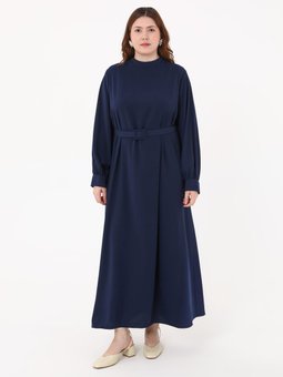 Lacivert Beli Kemerli Büyük Beden Abiye Elbise