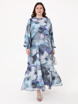 Mavi Soyut Desen Kolağzı Gipe Detaylı Desenli Büyük Beden Abiye Elbise