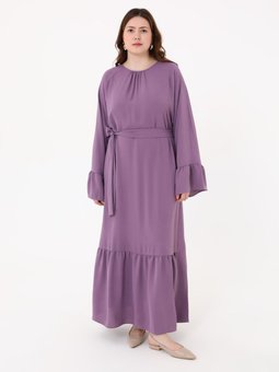 Mor Eteği Volanlı Beli Bağlamalı Büyük Beden Abiye Elbise