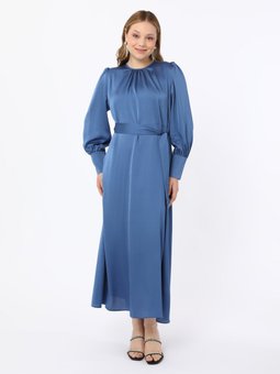 Saten Kumaşlı Balon Kollu Büyük Beden İndigo Elbise