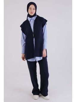 Broşlu Triko Yelek Lacivert