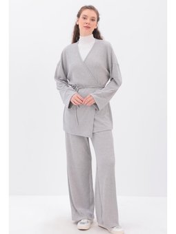 Kruvaze Yaka Pantolonlu Takım Gri
