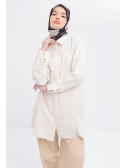 Manşeti Yırtmaç Detaylı Poplin Gömlek Ekru