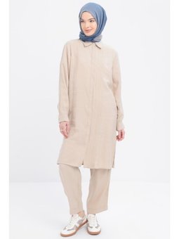 Nervürlü Yırtmaçlı Modal Pantolonlu Takım Bej