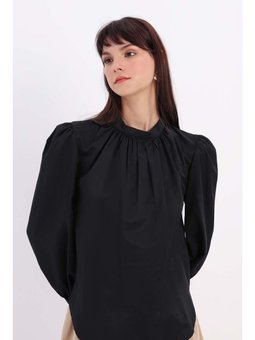 Pamuklu Yakası Büzgülü Bluz Siyah