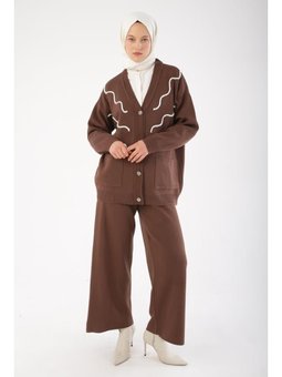 Püskül Nakışlı V Yaka Triko Hırka Kahve