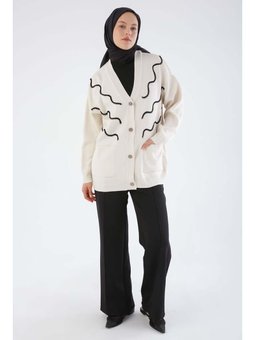 Püskül Nakışlı V Yaka Triko Hırka Krem