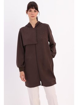 Taş Detaylı Kapüşonlu Hırka Kahve