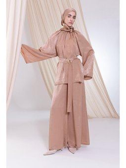 Yarasa Kol Büzgülü Yaka Pantolonlu Takım Vizon