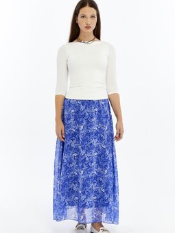 Mavi Uzun Çiçek Desenli Astarlı Şifon Dokuma Etek
