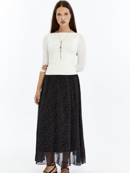 Siyah Uzun Puantiyeli Astarlı Şifon Dokuma Etek
