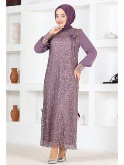 Giyim Moda File Pullu Güllü Abiye Elbise Lila