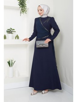 Giyim Moda Pul Aplikeli Krep Abiye Elbise Zümrüt