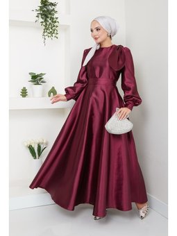 Giyim Moda Saten Fiyonklu Uzun Tesettür Abiye Elbise Bordo