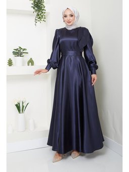Giyim Moda Saten Fiyonklu Uzun Tesettür Abiye Elbise Lacivert