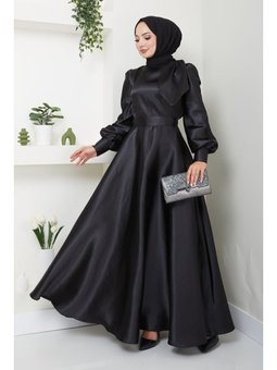 Giyim Moda Saten Fiyonklu Uzun Tesettür Abiye Elbise Siyah