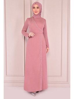 Giyim Moda Taş Işlemeli Uzun Abiye Elbise Gül Kurusu