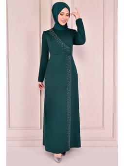Giyim Moda Taş Işlemeli Uzun Abiye Elbise Zümrüt