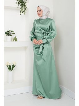 Giyim Moda Tesettür Saten Abiye Elbise Çağla
