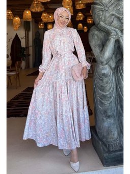 Çiçek Desenli Pudra Elbise