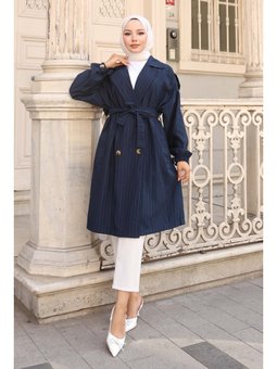 Çizgili Lacivert Trençkot