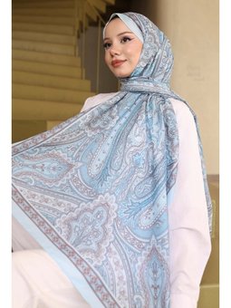 Etnik Desenli Pamuk Şal Açık Mavi