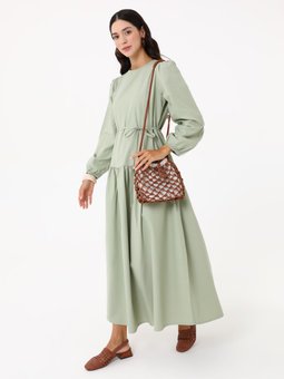 Balon Kollu Bağlama Detaylı Yeşil Elbise