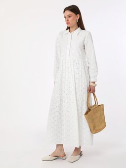 Brode Kumaşlı Ekru Elbise