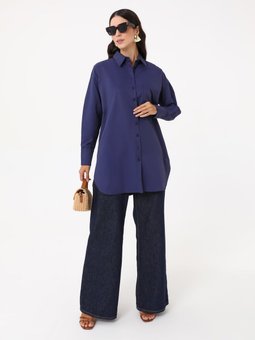 Cep Detaylı Arkası Uzun Poplin Lacivert Tunik
