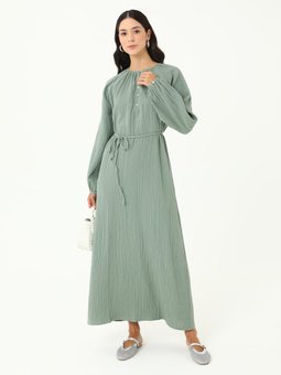 Müslin Kumaş Sedef Düğmeli Rahat Kalıp Mint Yesili Elbise