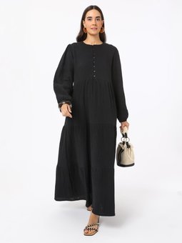 Volan Detaylı Pamuklu Müslin Siyah Elbise