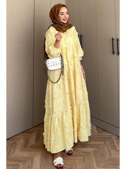 Vespera V Yaka Saçaklı Sarı Elbise