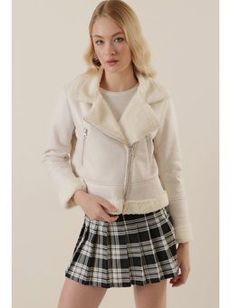 A.beyaz Kruvaze Yaka Suni Kürklü Deri Mont