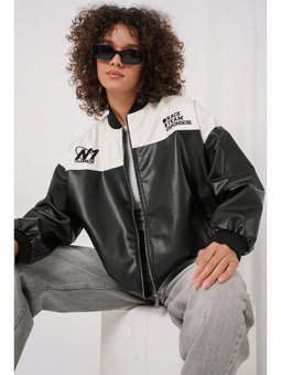 Baskılı Suni Deri Bomber Beyaz Ceket